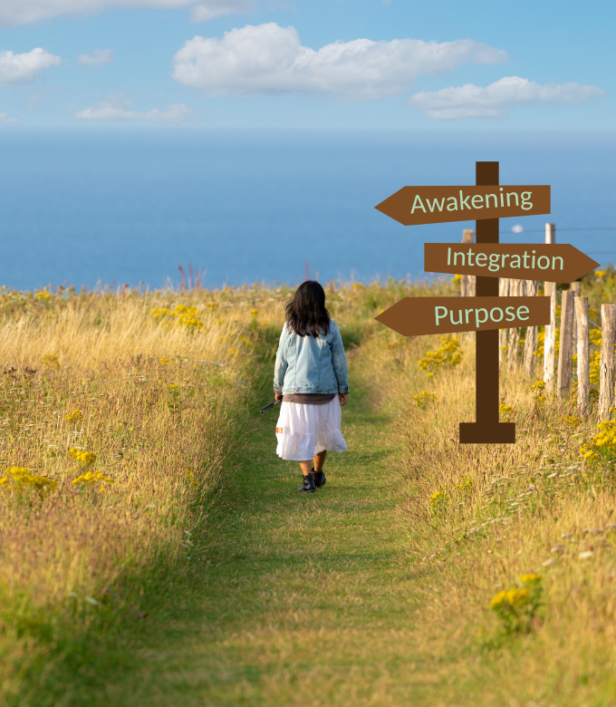 woman walking a grassy path amidst tall grasses with a directional sign post with three options, Awakening, Integration, Purpose
